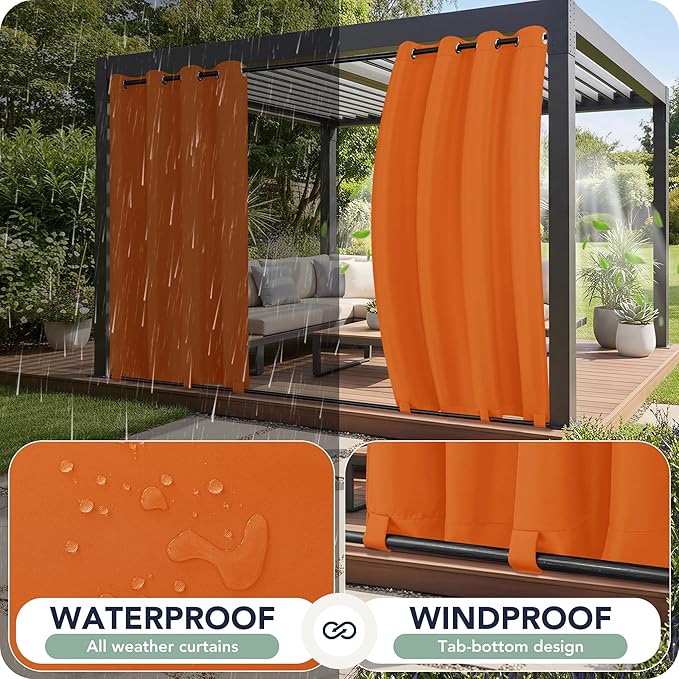 Outdoor Curtains for Patio Waterproof 6 Panels - Windproof, Privacy, Weatherproof Outside Drapes for Gazebo Pergola Porch, Grommet Top and Tab Bottom, 54x108 Inch, Mecca Orange