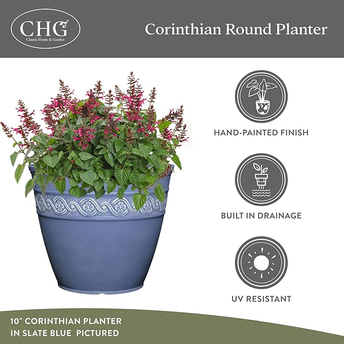 Classic Home and Garden Corinthian Resin Flower Pot Planter, Ivory Ash, 8"
