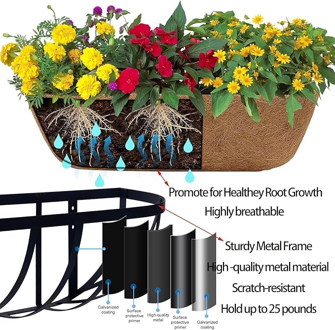 4 Pack 16" Railing Planter Window Box with Coco Fiber Liner Horse Trough Planter The Railing Planters Boxes for Deck Porch Fence Outdoor