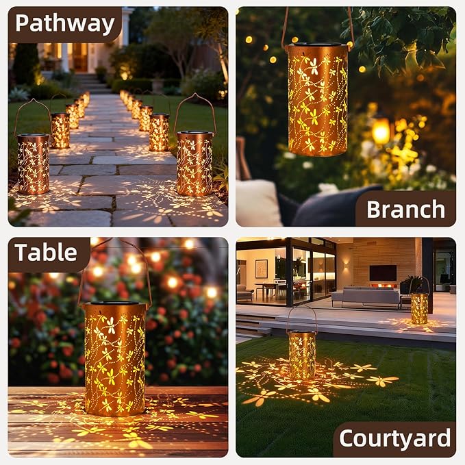 4 Pack Solar Lanterns Outdoor Hanging Lantern Lights, Dragonfly Hollowed-Out Metal Decor Lantern, Waterproof LED Decorative Garden Light - Delicate Garden Decoration for Patio, Yard