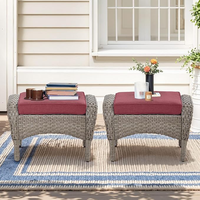Belord Outdoor Ottomans for Patio Foot Rest - 25 Inch PE Wicker Foot Stool Set of 2 with Removable Cushions for Patio Furniture Sets,All Weather Rattan Ottoman for Balcony Deck Backyard Brown
