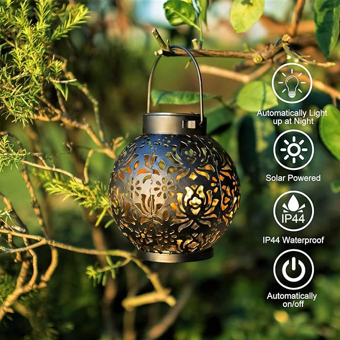 EXCMARK 2 Pack Outdoor Solar Hanging Lantern Lights Metal LED Decorative Lamp for Garden Patio Courtyard Lawn and Table with Hollowed-Out Design (Black)