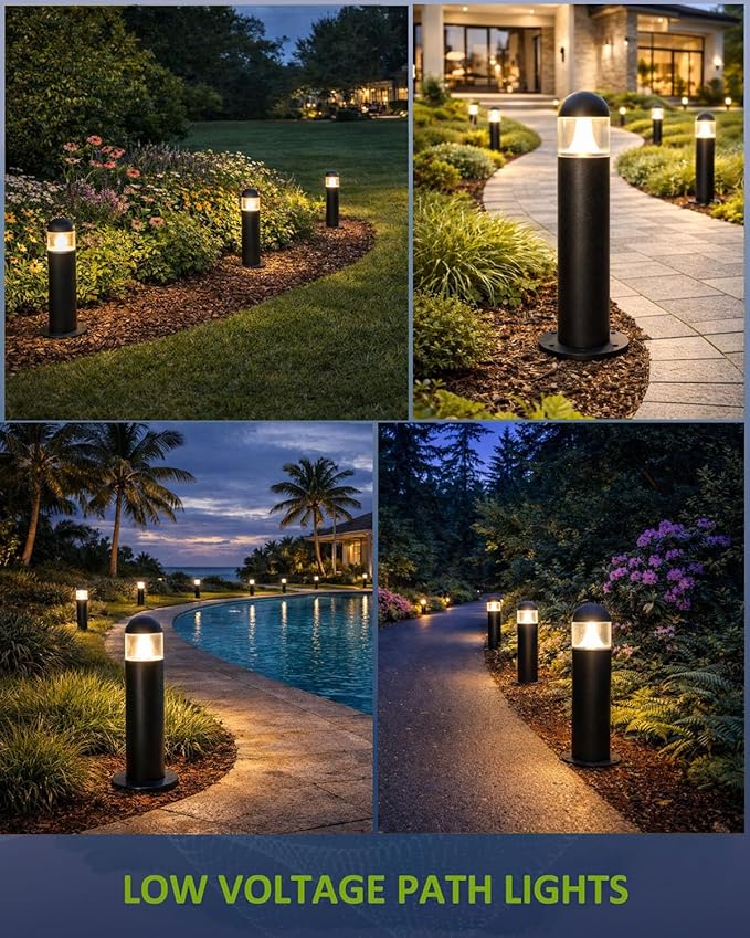12 Pack Low Voltage Landscape Pathway Lights Wired, Outdoor Modern 12V LED Bollard Lights for Driveway Garden Walkway Yard Lawn (Included Connector), 2700K Warm White Waterproof, Black