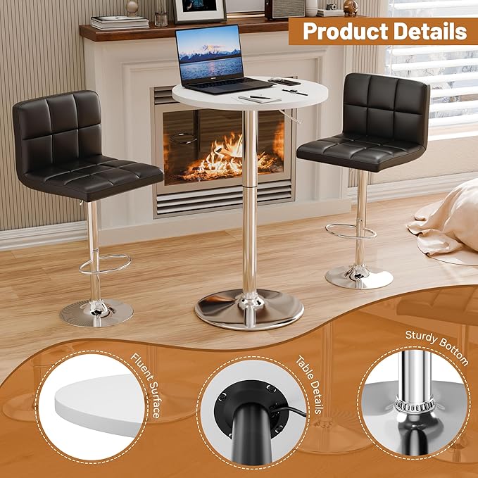 Flamaker Round Bistro Pub Table 23.6 Inch Height Adjustable 360° Swivel Bar Table Metal Base for Pub, Dining Room, Party (1, White-Silver)