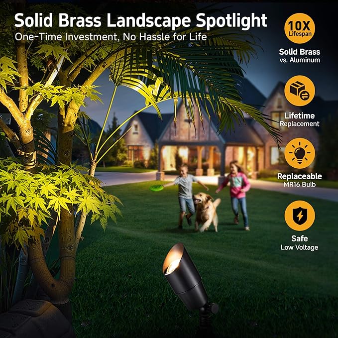 Gardenreet Solid Brass Spot Lights - Black Low Voltage Landscape Spotlight Outdoor, 12V LED Uplights Wired, Waterproof Electric for Patio Wall with 5000K Daylight MR16 Bulb (6 Pack)