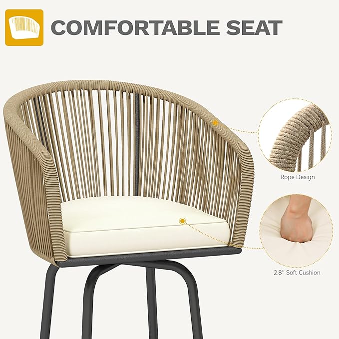 DWVO Outdoor Counter Height Bar Stools Set of 2, Patio Swivel Bar Chairs with Soft Cushions, 360° Rotation, Bar Height Rattan Chairs for Backyard, Poolside, Garden, Beige