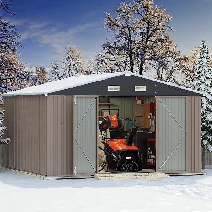 Greesum 10×10FT Outdoor Storage Shed, Metal Patio Storaged Sheds with Lockable Doors, Sheds & Outdoor Storage for Bike, Backyard, Pool and Garden, Brown