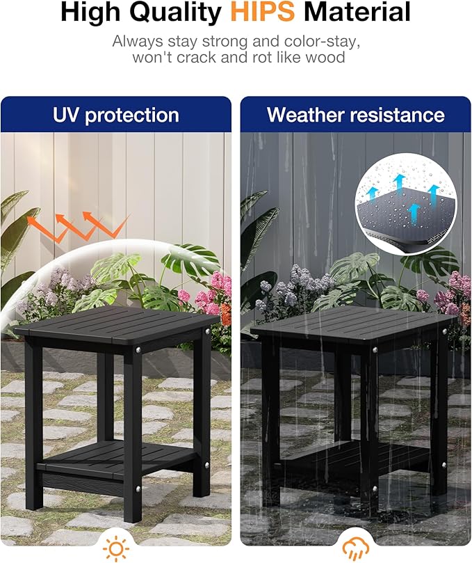 YEFU Outdoor Side Table for Patio: 16" HIPS Weather - Resistant Adirondack Tables - Waterproof Small Square End Tables for Backyard Pool Porch Balcony - Indoor Outdoor Double Layer Table Black