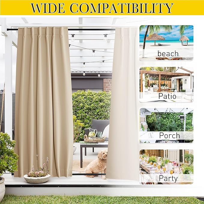 NICETOWN 2 Panels Outdoor Curtains Waterproof Pocket & Back Tab on Top & Bottom, Thermal Insulated Windproof Sun Blocking Outside Privacy Drapes for Patio with Fixed Rope, W84 x L84, Biscotti Beige