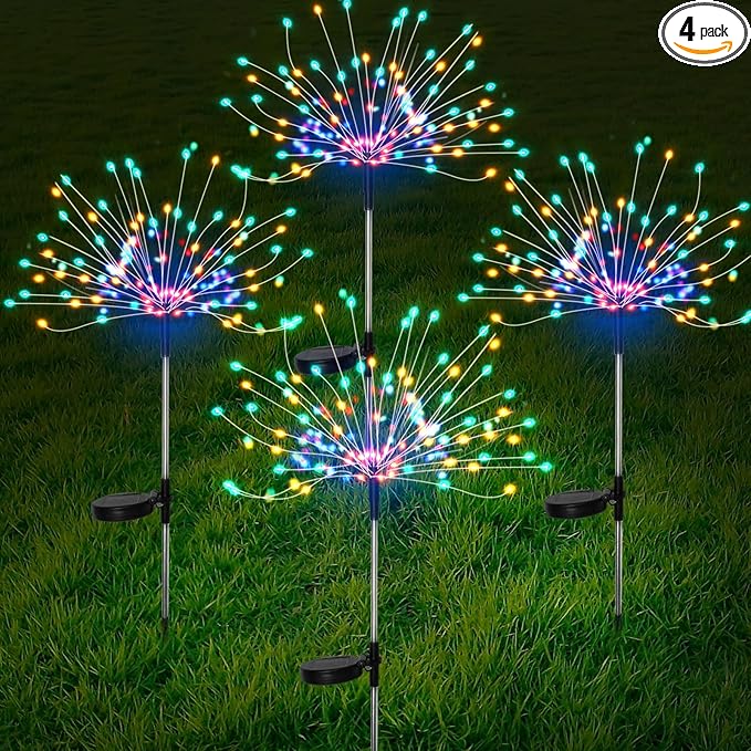 FOOING 4 Pcs Solar Garden Lights Solar Firework Lights Waterproof, 120 LED String Light 2 Modes Twinkling Fairy Nightlight for Garden, Wedding, Party, Patio, Yard, Landscape Decoration (Colorful)