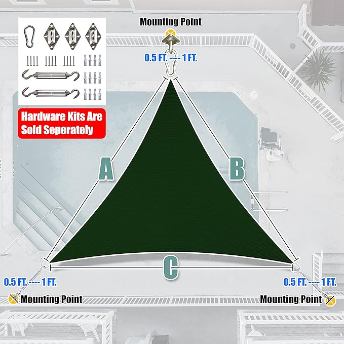 Amgo Custom Size 6' x 6' x 6' Green Triangle Sun Shade Sail Order to Make Canopy Awning UPF50+ AGSLT, 95% UV Blockage, Water & Air Permeable, 200GSM Commercial Standard (We Customize)
