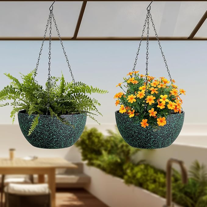 8 inch Small Hanging Planters for Indoor Outdoor Plants, 2 Pack Hanging Flower Pots with Drainage Holes and Chain, Plastic Hanging Baskets for House Plants, Black with Green Speckles