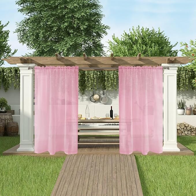 SpaceDresser Waterproof Outdoor Sheer Curtains for Patio - 4 Panels Rod Pocket Indoor Voile Sheer Curtain for Living Room,52W x 120L inch,Light Pink