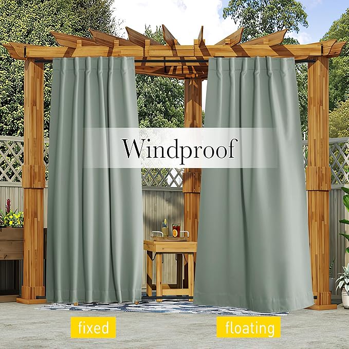 NICETOWN 2 Panels Outdoor Curtains Waterproof Pocket & Back Tab on Top & Bottom, Thermal Insulated Windproof Sun Blocking Outside Privacy Drapes for Patio with Fixed Rope, W84 x L84, Sage Green