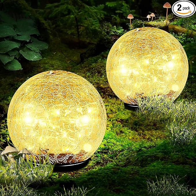 Coroor Garden Solar Ball Lights Outdoor Waterproof, 80 LED Cracked Glass Globe Solar Power Ground Lights for Path Yard Patio Lawn, Halloween Christmas Decoration Landscape Warm White(2 Pack 5.9'')