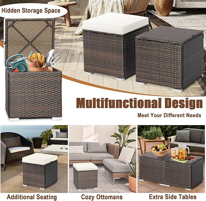 RELAX4LIFE Wicker Outdoor Storage Ottoman, 2-Piece Rattan Footstool w/Removable Cushion, Multipurpose Footrest Stool Side Table Additional Seating, Set of 2 Outdoor Ottomans for Patio Deck (Off White)