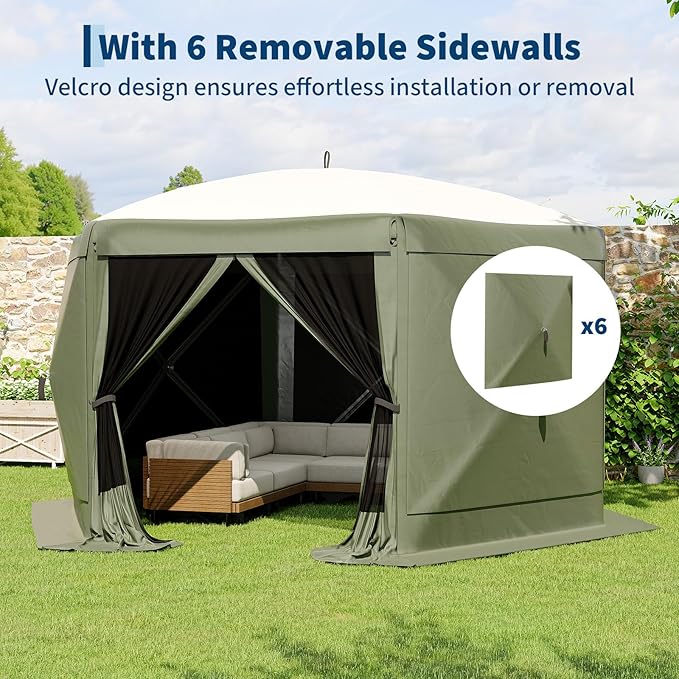13x13FT 6-Sided Pop Up Gazebo Tent，One-Push Setup Canopy Tent with Removable Canopy Top & Wind Cloths, Outdoor shelter for Camping, Backyard Parties, Outdoor Events - Army Green