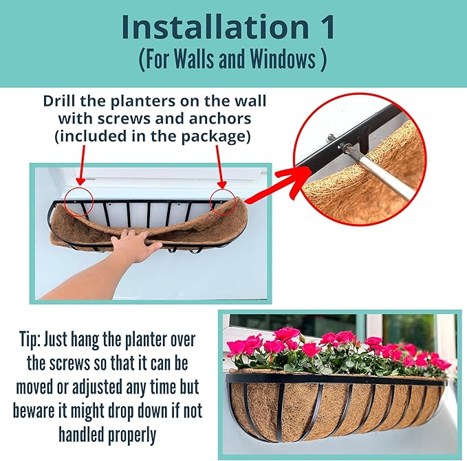 LaLaGreen Outdoor Wall Planter - 6 Pack, 30 Inch Large Metal Basket with Coco Liner, Long Window Flower Box Deck Railings Hanging Horse Trough Balcony Plant Pot Garden Fence Balcony Patio Rail