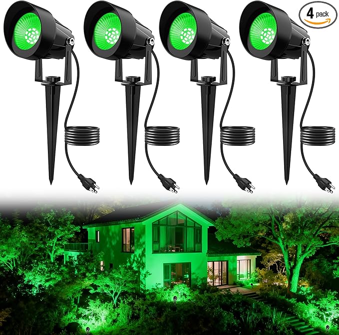 St. Patrick's Day Green Spotlights Outdoor, 14 LED Landscape Lighting with US Plug, IP65 Waterproof Spot Lights for Tree Yard Garden Pathway Halloween Christmas Decor, 4 Pack