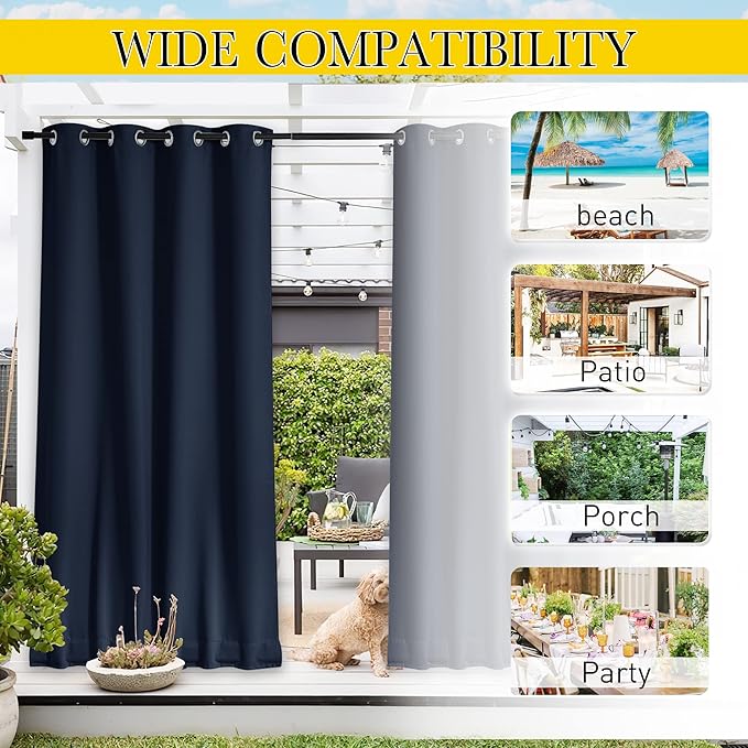 NICETOWN 2 Panels Weighted Blackout Outdoor Curtains for Patio Waterproof, Top & Bottom Grommet & Back Tab Fixed Outdoor Curtains Windproof & Thermal Insulated for Porch, Navy Blue, W84 x L108