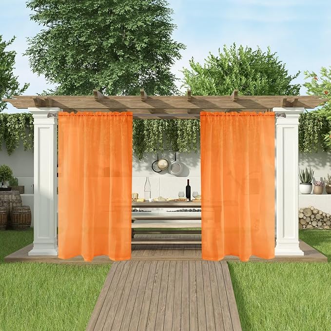 SpaceDresser Waterproof Outdoor Sheer Curtains for Patio - 2 Panels Rod Pocket Indoor Voile Sheer Curtain for Living Room,52W x 96L inch, Orange