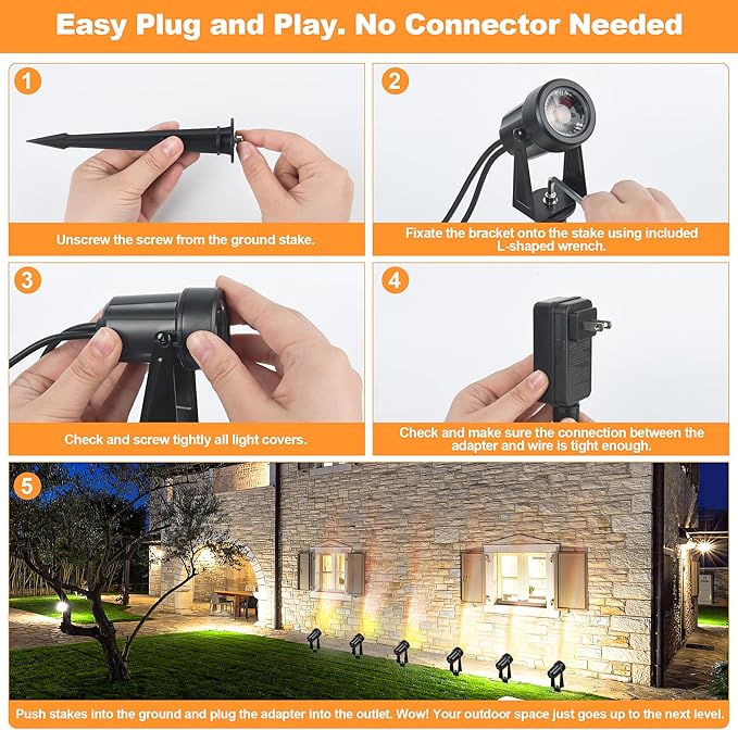 Outdoor Landscape lighting Low Voltage, 65.6FT Wired LED Spot light with Plug-in Transformer, IP65 Waterproof Outside Uplight 18W 1800LM for Yard Garden Tree Pathway House, Warm White 3000K, Pack of 6