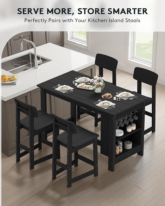 SERWALL 3-Piece Outdoor Counter Height Bar Set, HDPE Patio Bar Table with Wine Rack & Storage Shelf, 2 All-Weather Bar Stools, Patio Bar Dining Furniture Set for 3, Black