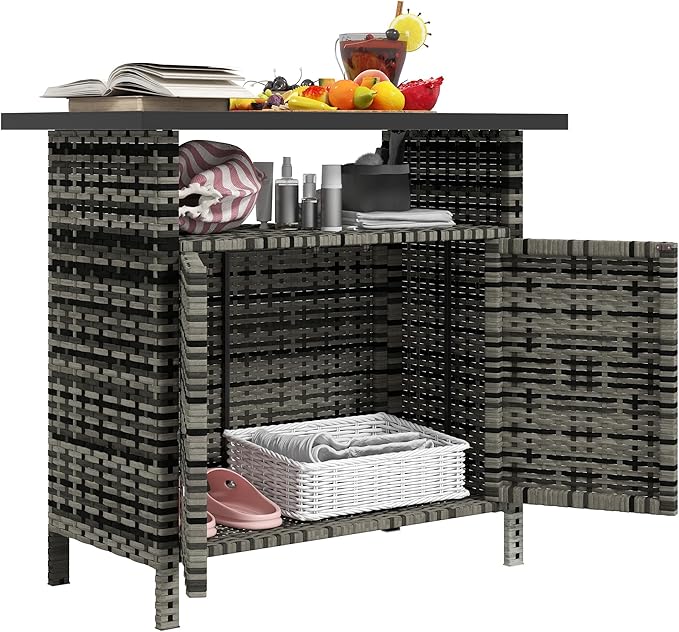 Outsunny Wicker Outdoor Storage Cabinet, Rattan Outdoor Bar Table with 2 Doors and Shelf, Outdoor Buffet Cabinet Sideboard with Metal Slatted Countertop for Poolside, Patio, Backyard, Mixed Gray
