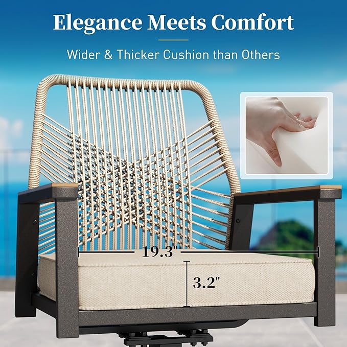 Patio Dining Set 5 Piece, 4 x Woven Rattan Swivel Chairs with Waterproof Cushion, 42” Metal Round Dining Table with Umbrella Hole, Outdoor Table and Chairs Set for Backyard Lawn and Deck, Beige