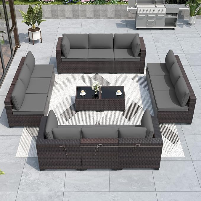 ALAULM Patio Furniture Set with Coffee Table, 14 Pieces Outdoor Sectional with Wide Seat and Thick Cushion, All Weather Wicker Rattan Conversation Set for Backyard, Garden, Deck, Grey
