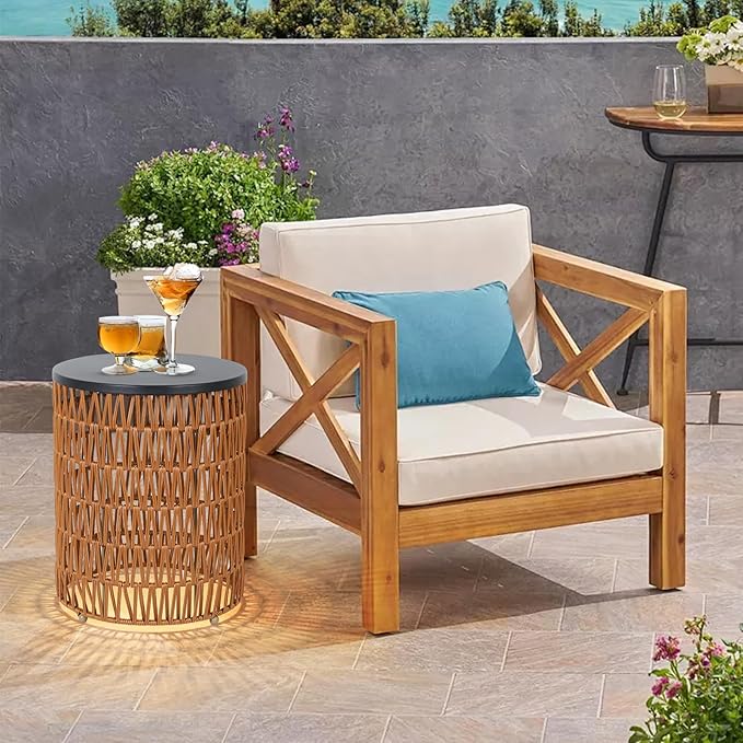 HMVPL Outdoor Side End Table with Dimmable Light Remote Control,2-Pack Small Round Patio Table with Timing Light,Outside Plastic Rattan Accent Bistro Desk for Poolside Backyard Balcony Gazebo Indoor