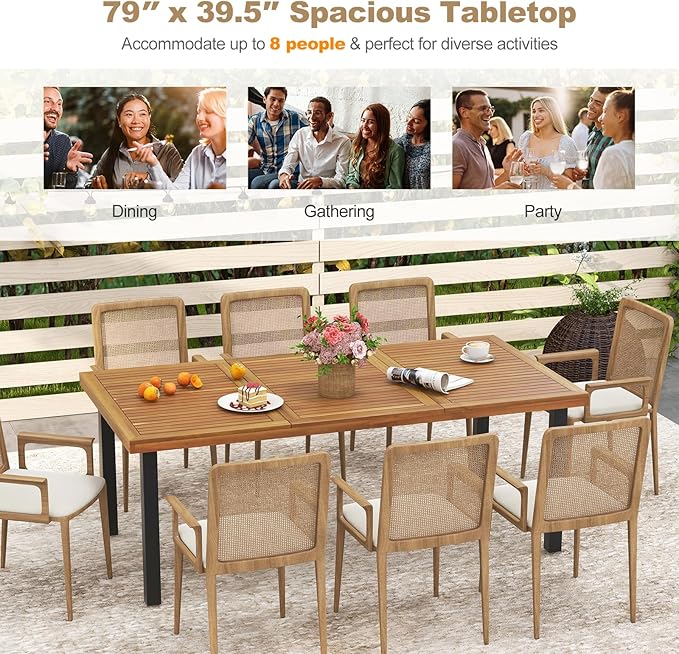 Tangkula 79" Acacia Wood Patio Dining Table for 8, Large 8-Person Outdoor Dining Table with 1.9" Umbrella Hole, Metal Legs & Adjustable Foot Pads, Rectangular Outside Table for Garden, Poolside & Yard