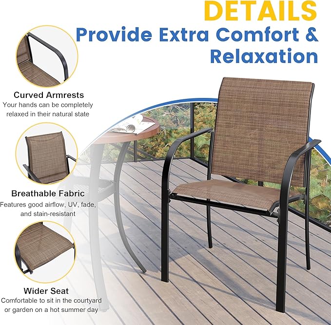 VICLLAX Large Patio Dining Furniture Set, Outdoor Dining Set for 10-60" Round Outdoor Table and Patio Stackable Chairs, Walnut Wood-Like Tabletop and Brown Fabric