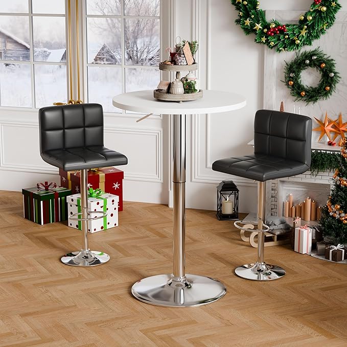 Flamaker Round Bistro Pub Table 23.6 Inch Height Adjustable 360° Swivel Bar Table Metal Base for Pub, Dining Room, Party (1, White-Silver)