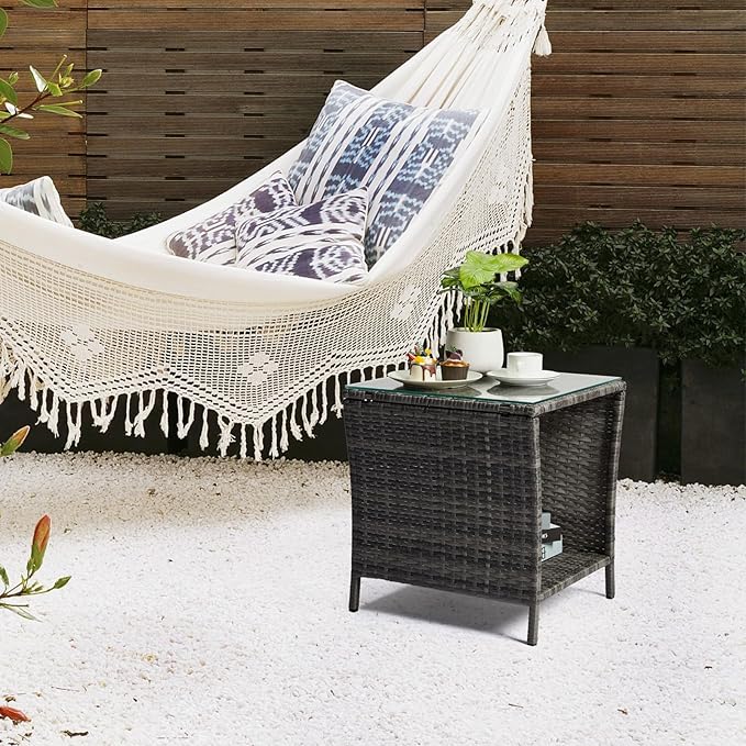 VINGLI Outdoor Wicker Side Table Patio Side Tables for Outside, Tempered Glass Top Wicker Table with Storage End Table for Balcony Porch Deck (Grey)