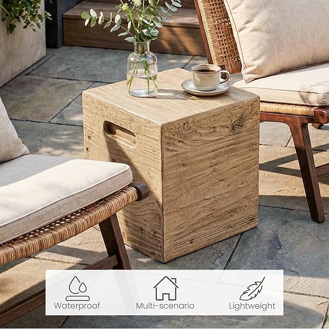 COSIEST Wooden Outdoor Side Table, Square MgO Concrete End Patio Side Table, Lightweight Cylinder Top Plant Stand with Square Base for Garden and Deck