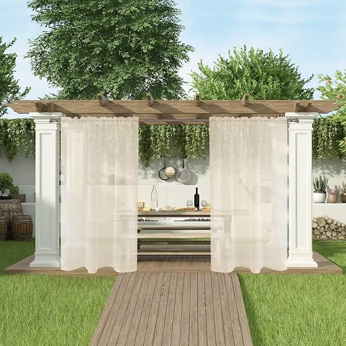 SpaceDresser Waterproof Outdoor Sheer Curtains for Patio - 2 Panels Rod Pocket Indoor Voile Sheer Curtain for Living Room,52W x 108L inch, Ivory