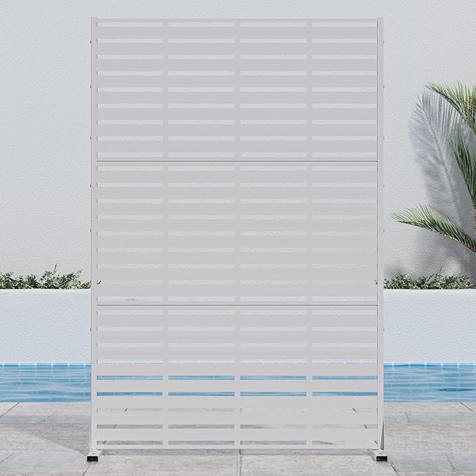 Casaphoria Metal Privacy Screen Outdoor, 72" H x 47" W Freestanding Decorative Privacy Screen for Patio Deck Balcony Garden with Stable Base, White-Adrian