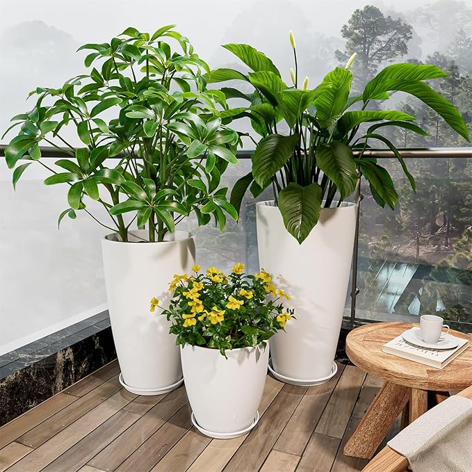 QCQHDU 24,21,11 inch Large Planters with Drainage Hole & Saucer, Set of 3 Plant Pots Tall Planter for Indoor & Outdoor Plants Home Modern Decor