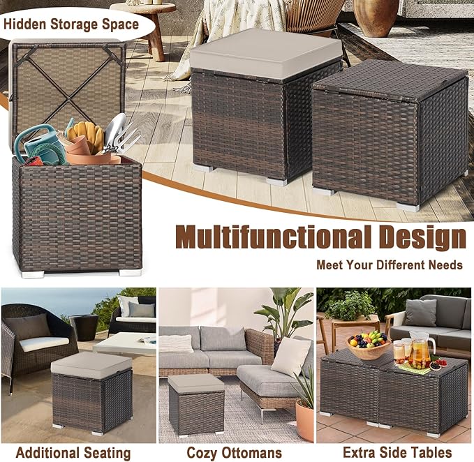RELAX4LIFE Wicker Outdoor Storage Ottoman, 2-Piece Rattan Footstool w/Removable Cushion, Multipurpose Footrest Stool Side Table Additional Seating, Set of 2 Outdoor Ottomans for Patio Deck (Beige)