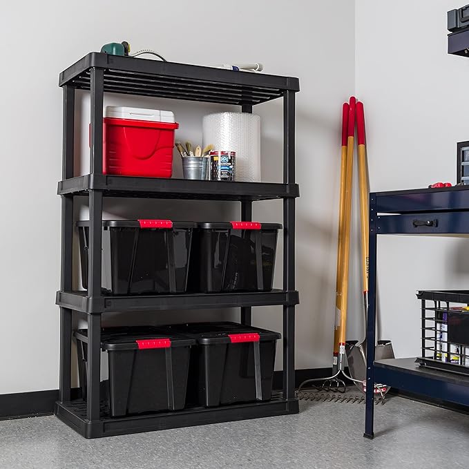 IRIS USA 4-Shelf Heavy Duty Plastic Storage Shelves, 600lb Capacity, 56" H x 36" W x 18" D, Large Modular Shelving Unit Storage Organizer for Garage, Home, Warehouse & Gym, Storage Rack - Black