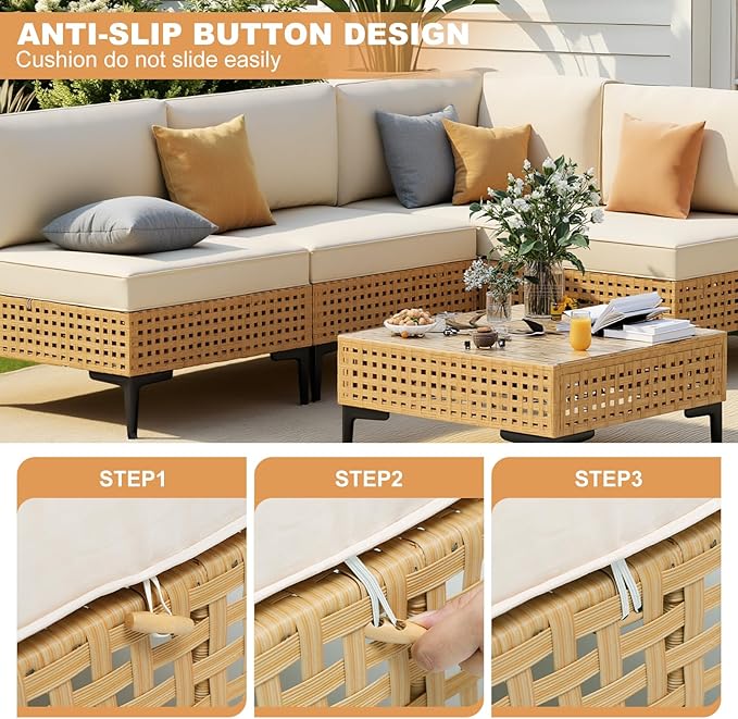 ABCASA Patio Furniture Set, 110" Large 7-Piece Wicker Outdoor Patio Furniture Sets with Anti-Slip Cushions & Coffee Table,Boho Patio Conversation Set Sectional Sofa for Backyard,Porch,Beige