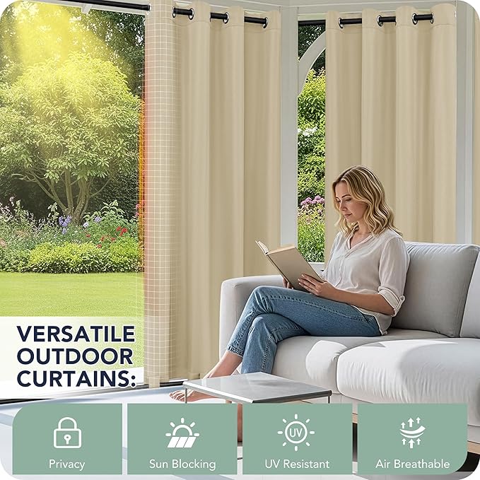 Outdoor Curtains for Patio Waterproof 6 Panels - Windproof, Privacy, Weatherproof Outside Drapes for Gazebo Pergola Porch, Grommet Top and Tab Bottom, 54x84 Inch, Cream