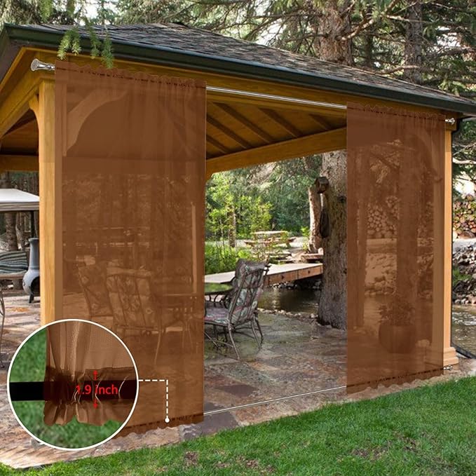 SpaceDresser Waterproof Outdoor Sheer Curtains for Patio - 4 Panels Rod Pocket Indoor Voile Sheer Curtain for Living Room,52W x 96L inch, Brown