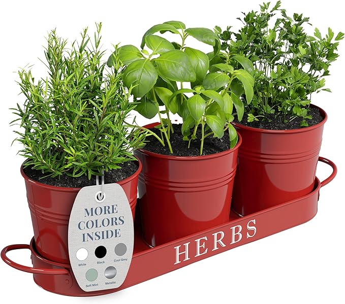 Barnyard Designs Indoor Herb Garden Planter Set with Tray, Metal Windowsill Plant Pots with Drainage for Outdoor or Indoor Plants, Set/3 (Brick Red)