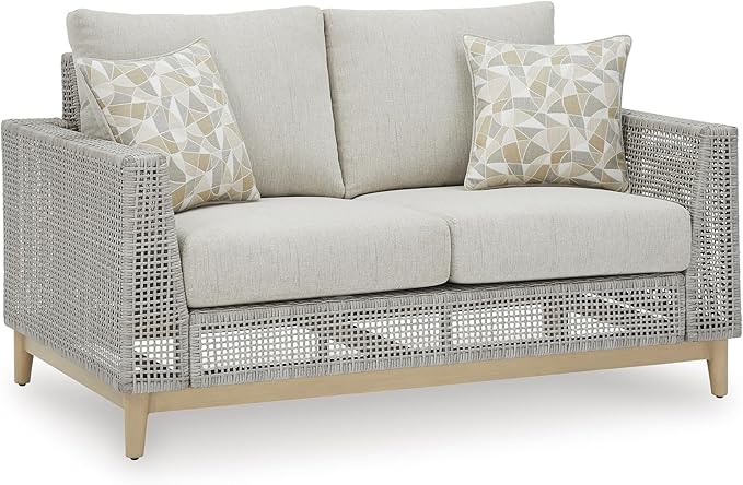 Signature Design by Ashley Seton Creek Cottage Nuvella Weather Resistant Fabric Outdoor Loveseat with Cushion and 2 Throw Pillows, Light Brown & Light Gray