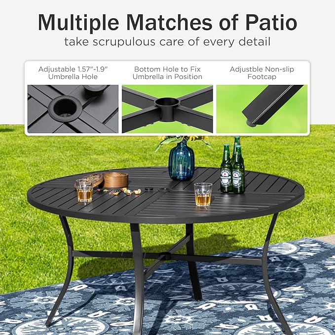 PHI VILLA 5 Pieces Outdoor Dining Set for 4, 42" Round Black Metal Table with Umbrella Hole & Wrought Iron Chairs, Large Outside Furniture with Blue Cushions & Pillows for Patio, Deck, Porch