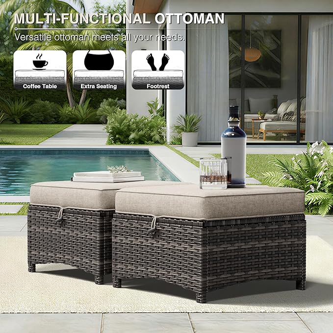 Joyside Outdoor Ottoman Set of 2, Patio Large Ottoman Foot Rest with Thickened Cushions, Outdoor Wicker Foot Stool for Porch, Deck Use