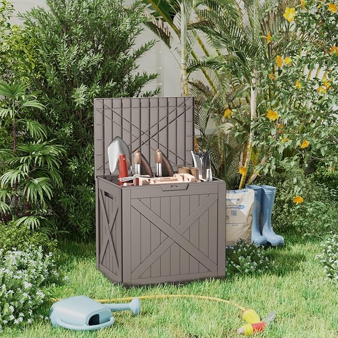 ROJIK Outdoor Storage Housing Deck Box - Waterproof Patio Furniture, Garden Tools, Cushions, Pool Accessories Storage Bench with Lockable Lid and Side Handles (Grey 38 Gal)