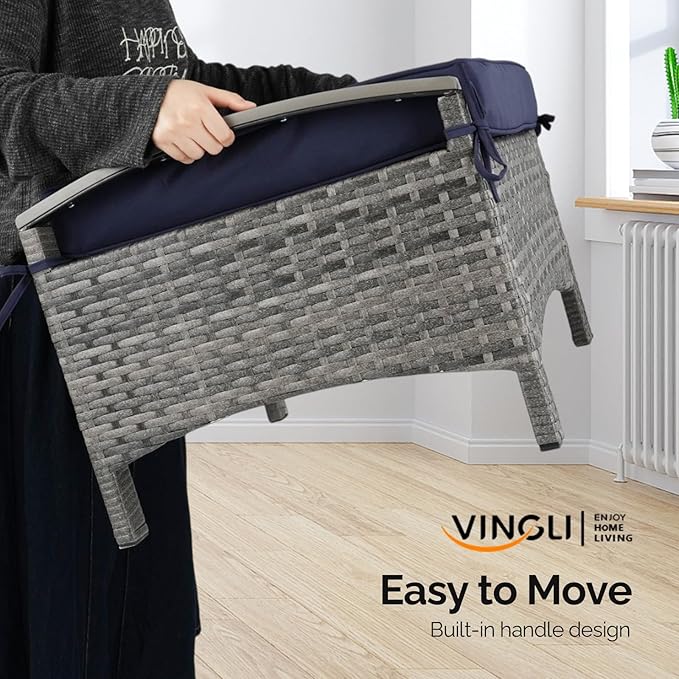VINGLI Wicker Outdoor Ottoman Set of 2, All Weather PE Rattan Footstool for Patio w/Removable Cushions, Waterproof Rattan Foot Rest for Garden, Balcony, Poolside (Grey)